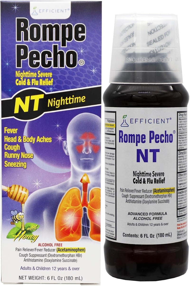 ROMPE PECHO دواء عشبي لتخفيف أعراض البرد والإنفلونزا ليلاً مع العسل والأوكالبتوس خالي من الكحول 6 أونصات سائلة - Image 1