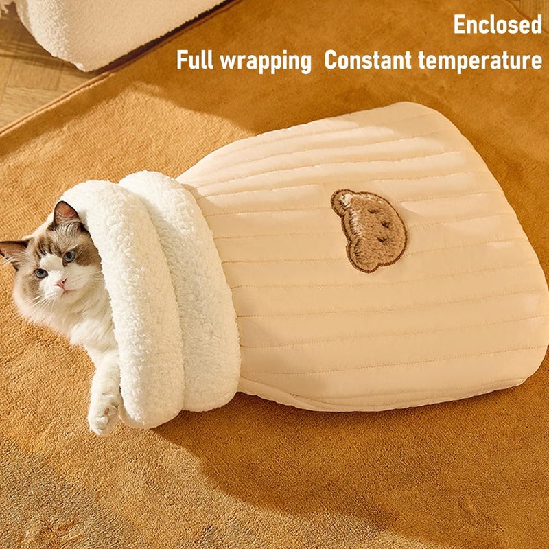 Cat Sleeping Bag Soft Warm Cozy Polyester Fiber Enclosed Bed Light Brown L - Enhanced Comfort, Foldable & Portable for Cats Small Dogs Indoor Travel (M) - Image 4