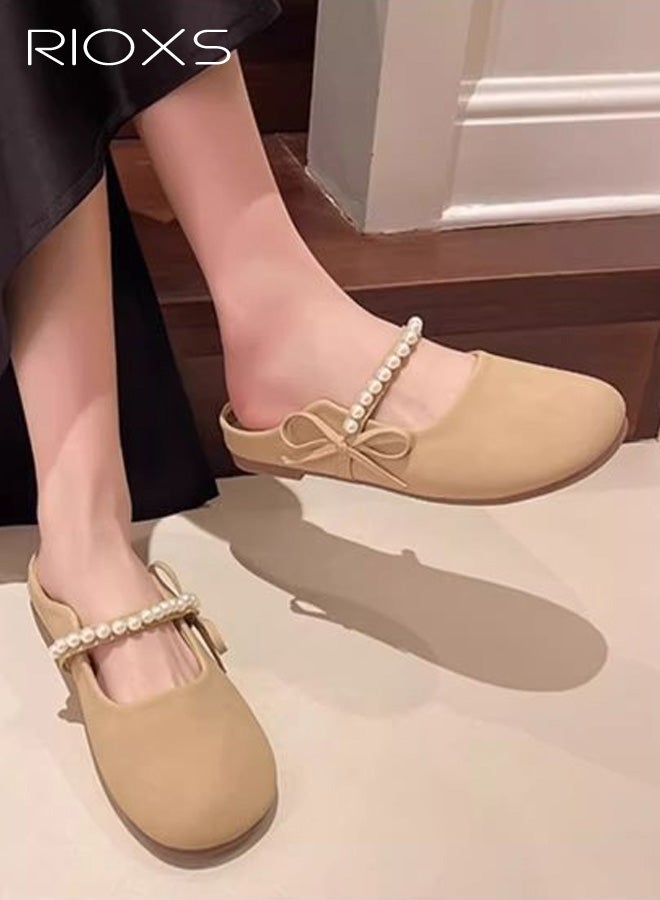ريوكس أحذية ماري جين أنيقة بحلقة خطافية من اللؤلؤ وعقدة فيونكة، أحذية صيفية ناعمة بدون رباط، صنادل كاجوال بدون ظهر للسفر والمنزل والتنقل، لون كاكي - Image 4