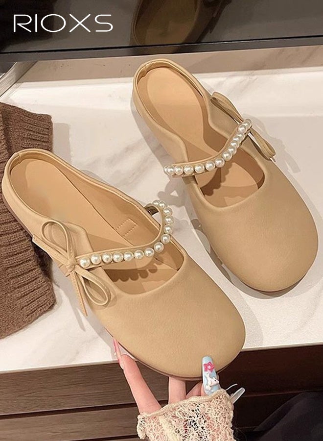 ريوكس أحذية ماري جين أنيقة بحلقة خطافية من اللؤلؤ وعقدة فيونكة، أحذية صيفية ناعمة بدون رباط، صنادل كاجوال بدون ظهر للسفر والمنزل والتنقل، لون كاكي - Image 1