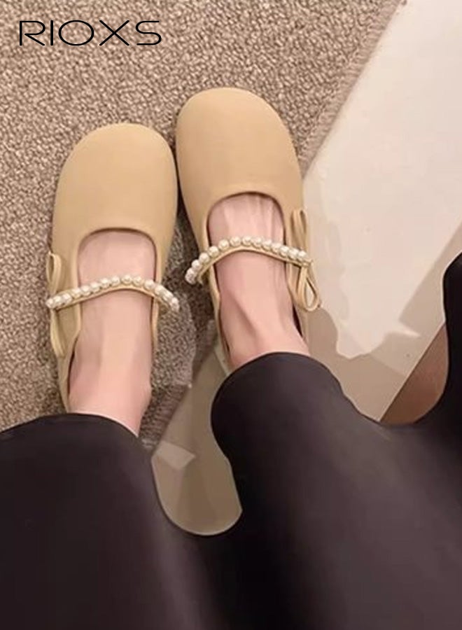 ريوكس أحذية ماري جين أنيقة بحلقة خطافية من اللؤلؤ وعقدة فيونكة، أحذية صيفية ناعمة بدون رباط، صنادل كاجوال بدون ظهر للسفر والمنزل والتنقل، لون كاكي - Image 5