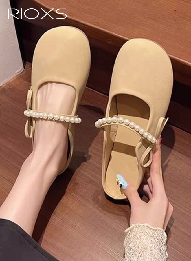 ريوكس أحذية ماري جين أنيقة بحلقة خطافية من اللؤلؤ وعقدة فيونكة، أحذية صيفية ناعمة بدون رباط، صنادل كاجوال بدون ظهر للسفر والمنزل والتنقل، لون كاكي - Image 3
