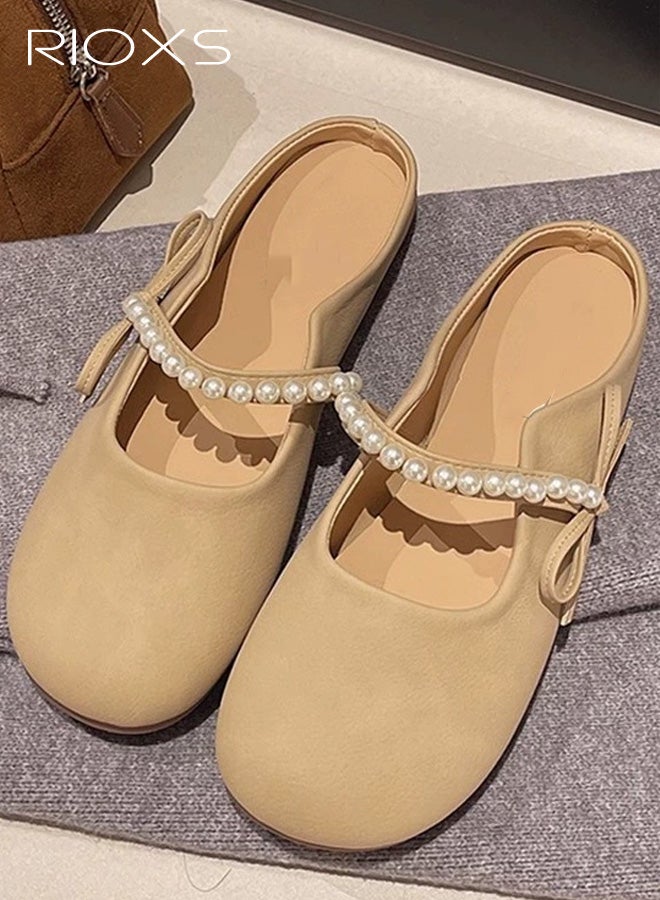 ريوكس أحذية ماري جين أنيقة بحلقة خطافية من اللؤلؤ وعقدة فيونكة، أحذية صيفية ناعمة بدون رباط، صنادل كاجوال بدون ظهر للسفر والمنزل والتنقل، لون كاكي - Image 2