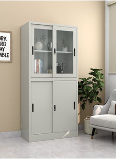 RIGID Steel Four Sliding Door Metal Filing Cabinet with 2 Glass Door GREY 180x85x39cm  - Image 1