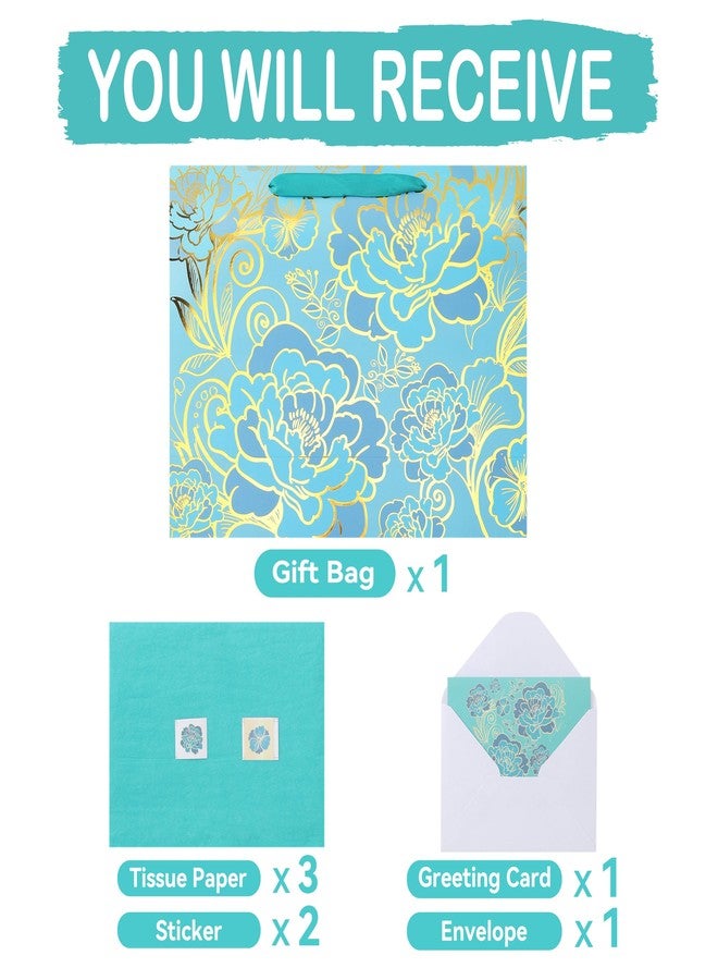 wishinside 16.5” Extra Large Rose Green Gift Bag Set with Handles, Greeting Card, Tissue Papers and Stickers for Women Girls for Birthday, Wedding, Valentine's Day and Mother’s Day, Foil Traced Flowers Design, 1 - Image 3