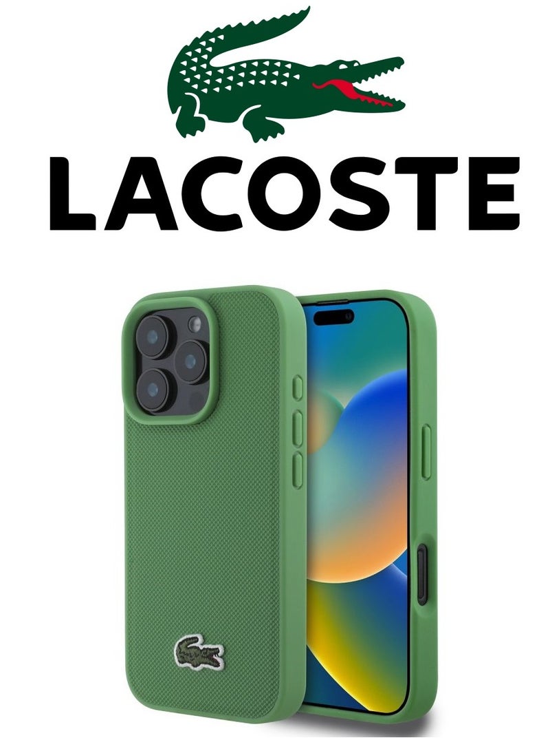 CG MOBILE IPhone 16 Pro Max cover, supports wireless charging, MagSafe, with original logo and faux leather design approved by the global brand Lacoste. From CG Mobile. Green - Image 1