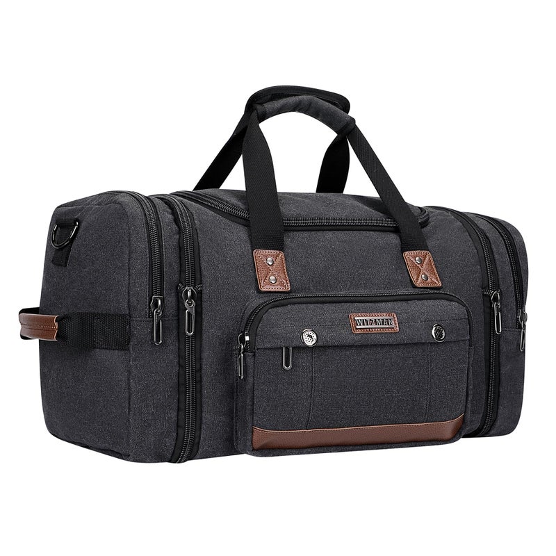 WITZMAN Mens Duffle Bags for Traveling Canvas Weekender Travel Bag Expandable Overnight Bag Carry on Bag(A8007 Black) - Image 1
