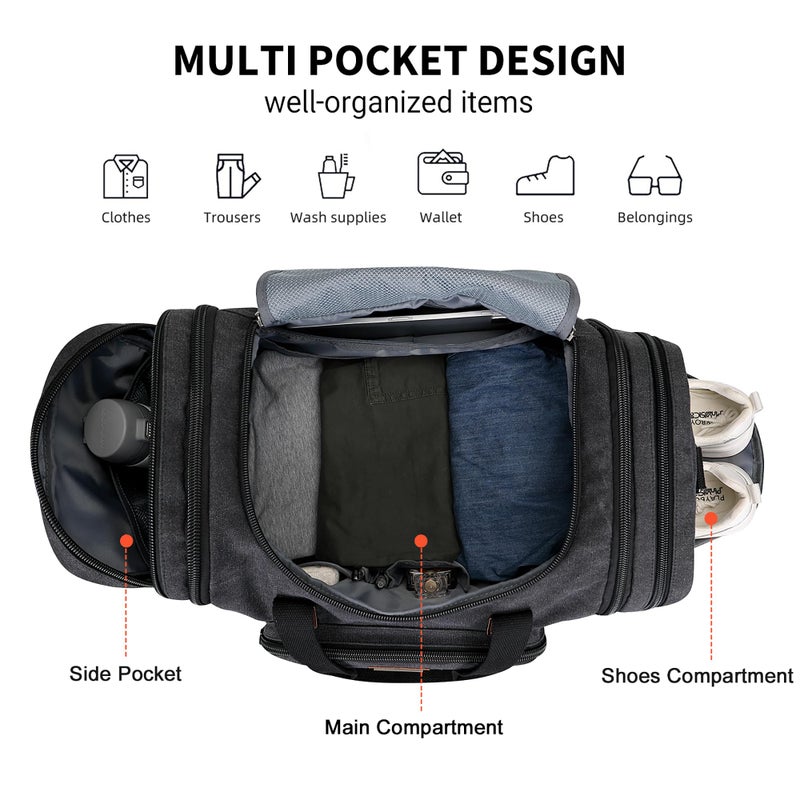 WITZMAN Mens Duffle Bags for Traveling Canvas Weekender Travel Bag Expandable Overnight Bag Carry on Bag(A8007 Black) - Image 4