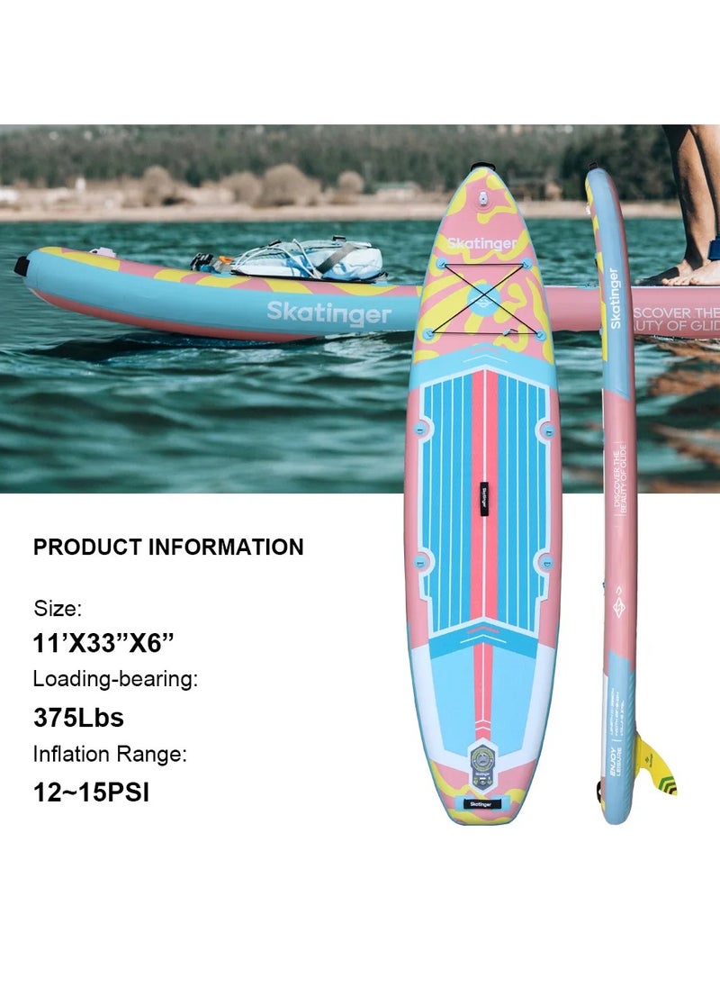 Skatinger Skatinger 11'-33"-6" Single Layer SUP Soft Standup Board Power Fin Paddle Board with Pump and Fins for Yoga, Fishing, Drifting, and Floating - White Night Glow  - Image 2