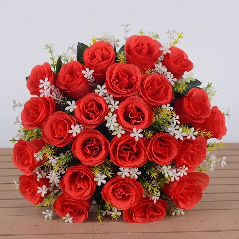 Bluejw Handmade 24-Head Silk Rose Bouquet with Dried Plants - Thanksgiving Valentine's Day Christmas Home Decor Wedding Aisle Runner - Image 1