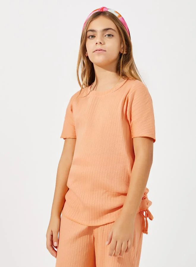 Styli Side Ruched Detail Rib Knit T-Shirt & Wide Leg Joggers Co-Ords Set