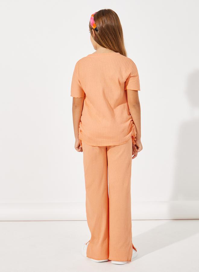 Styli Side Ruched Detail Rib Knit T-Shirt & Wide Leg Joggers Co-Ords Set  - Image 5