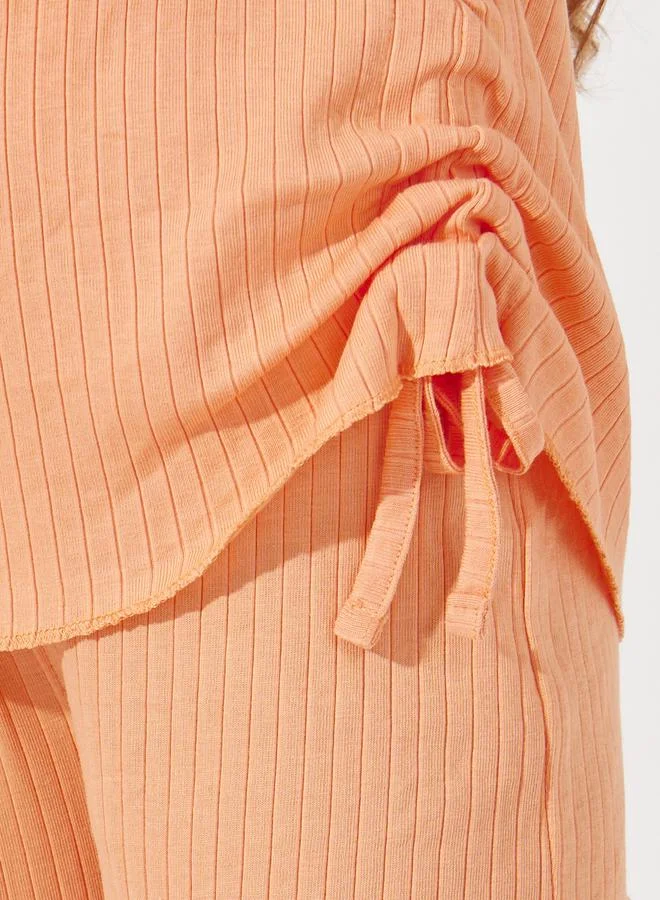 Styli Side Ruched Detail Rib Knit T-Shirt & Wide Leg Joggers Co-Ords Set