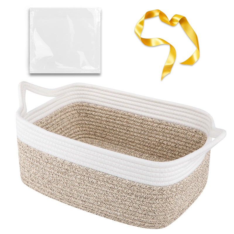 OIAHOMY Woven Basket, Gift Basket Empty with Gift Bags and Ribbons, Rope Baskets for Baby Showers, Storage Baskets with Handles for Nursery, Pet Toy Organizer - Brown & White - Image 1