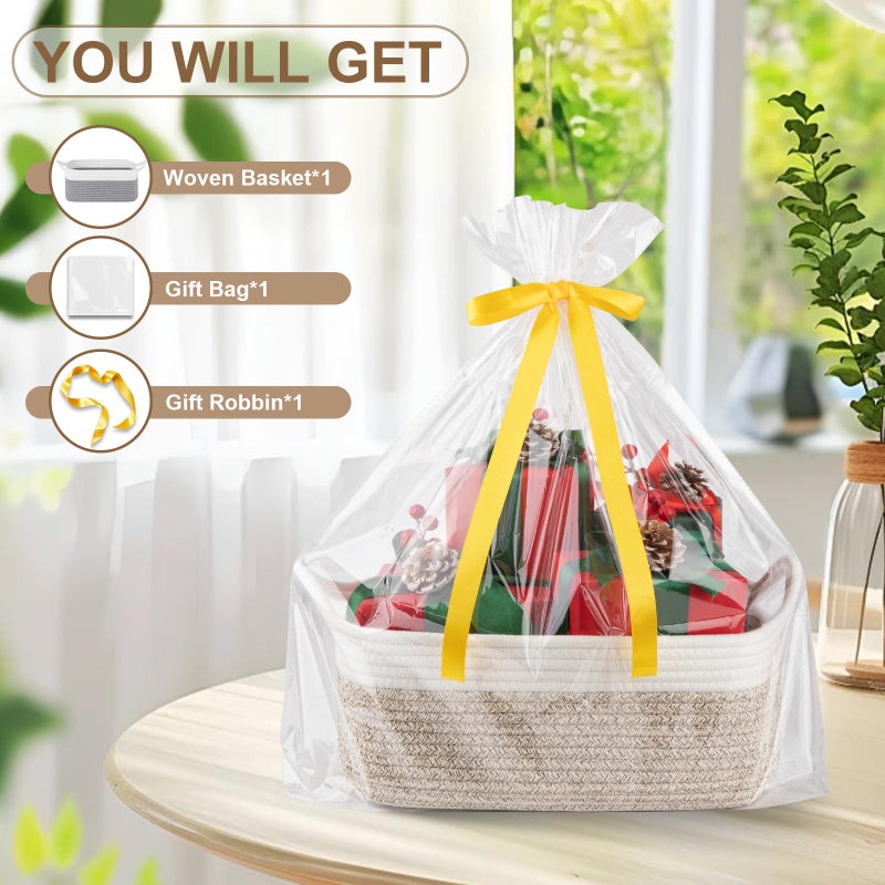 OIAHOMY Woven Basket, Gift Basket Empty with Gift Bags and Ribbons, Rope Baskets for Baby Showers, Storage Baskets with Handles for Nursery, Pet Toy Organizer - Brown & White - Image 3