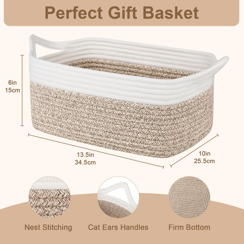 OIAHOMY Woven Basket, Gift Basket Empty with Gift Bags and Ribbons, Rope Baskets for Baby Showers, Storage Baskets with Handles for Nursery, Pet Toy Organizer - Brown & White - Image 2