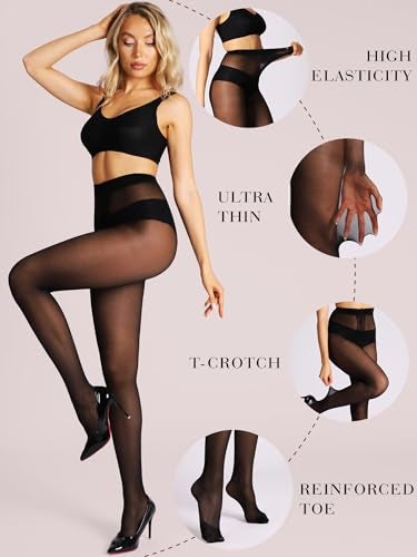 HONENNA Sheer Black Tights for Women 2 Pairs Ultra Thin Reinforced T Crotch Control Top Pantyhose Stockings - Image 3