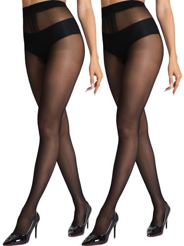 HONENNA Sheer Black Tights for Women 2 Pairs Ultra Thin Reinforced T Crotch Control Top Pantyhose Stockings - Image 1