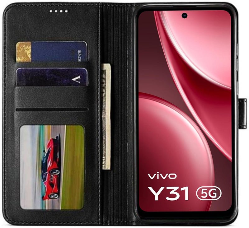 Shinestar غطاء خلفي قابل للطي SHINESTAR Vivo Y31 5G | غطاء محفظة من جلد PU مع غطاء خلفي من سيليكون TPU لهاتف Vivo Y31 5G - أسود أنيق - Image 3