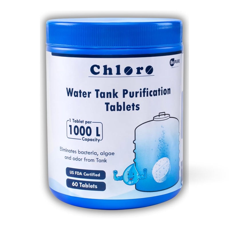 BePURE كلور 1000 | أقراص الكلور لتنقية المياه لخزان المياه | عبوة تحتوي على 60 قرص | يقضي على البكتيريا والطحالب والرائحة من خزان المياه | 60 قرص لـ 60000 لتر - Image 2