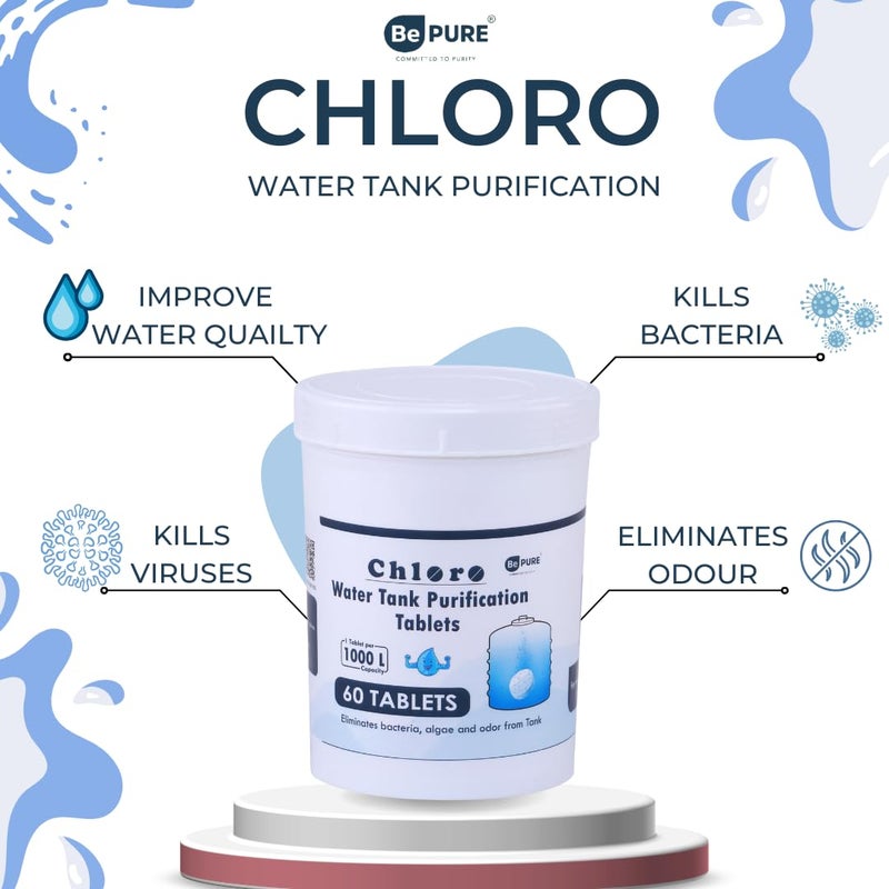BePURE كلور 1000 | أقراص الكلور لتنقية المياه لخزان المياه | عبوة تحتوي على 60 قرص | يقضي على البكتيريا والطحالب والرائحة من خزان المياه | 60 قرص لـ 60000 لتر - Image 5