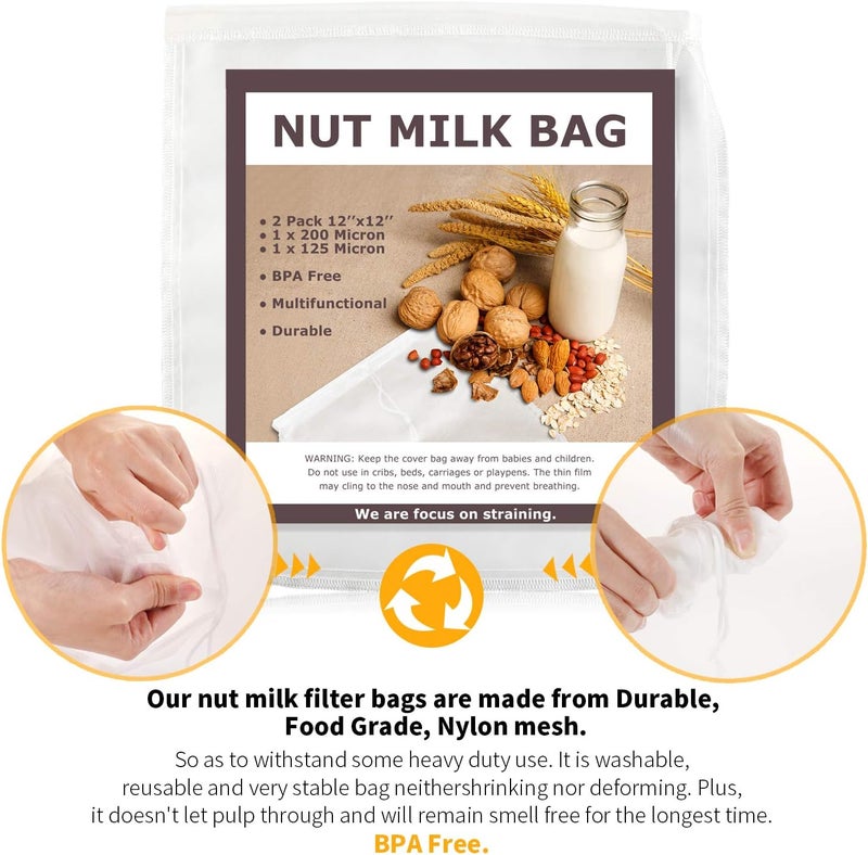 SCENGCLOS Nut Milk Bags, 12"x12", 2 Pack, Reusable Nylon Food Strainer, Multi-use Food Grade Filter for Almond Milk, Juice, Tea, Cold Brew Coffee(1x200 Micron & 1x125 Micron) - Image 4