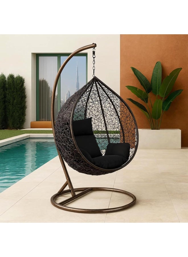 KARNAK Luxury Hanging Egg Swing Chair with Stand Outdoor Rattan Garden Balcony Patio Swing Chair with Cushion Heavy Duty Metal Frame Modern Egg Chair for Indoor Outdoor Use Brown - Image 1
