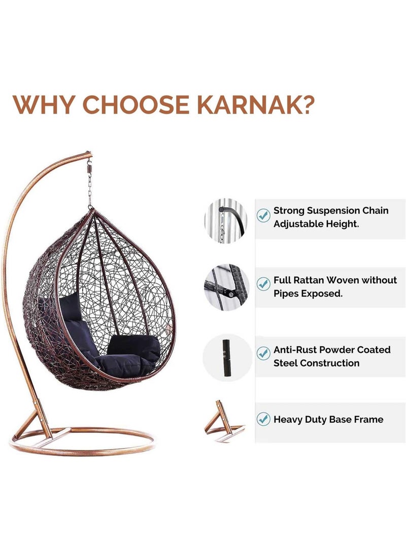 KARNAK Luxury Hanging Egg Swing Chair with Stand Outdoor Rattan Garden Balcony Patio Swing Chair with Cushion Heavy Duty Metal Frame Modern Egg Chair for Indoor Outdoor Use Brown - Image 5