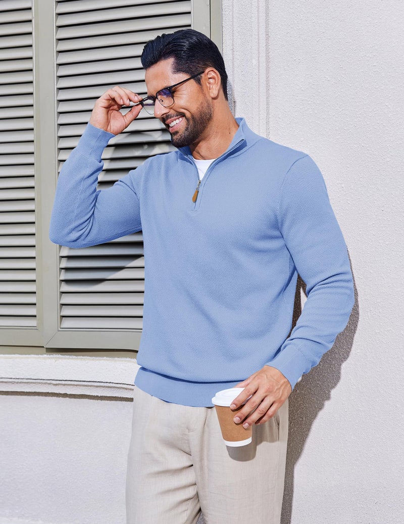 COOFANDY Men's Quarter Zip Pullover Dress Slim Fit Sweater Mock Neck Sweaters Casual Long Sleeve Pullovers Light Blue - Image 2