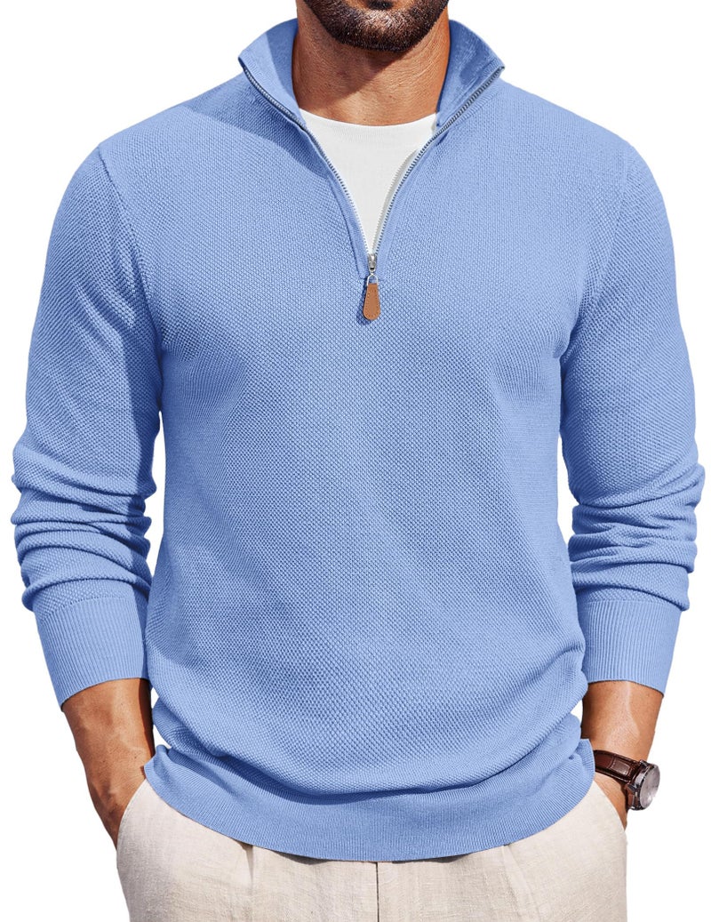 COOFANDY Men's Quarter Zip Pullover Dress Slim Fit Sweater Mock Neck Sweaters Casual Long Sleeve Pullovers Light Blue - Image 1