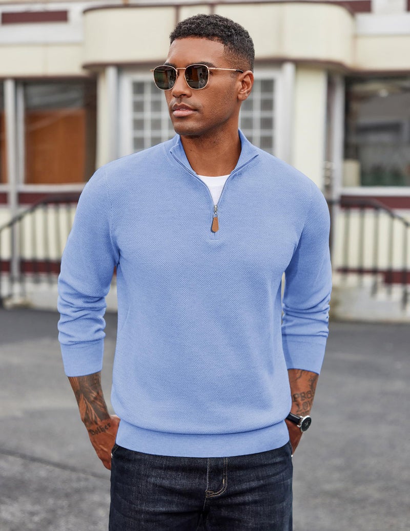 COOFANDY Men's Quarter Zip Pullover Dress Slim Fit Sweater Mock Neck Sweaters Casual Long Sleeve Pullovers Light Blue - Image 4