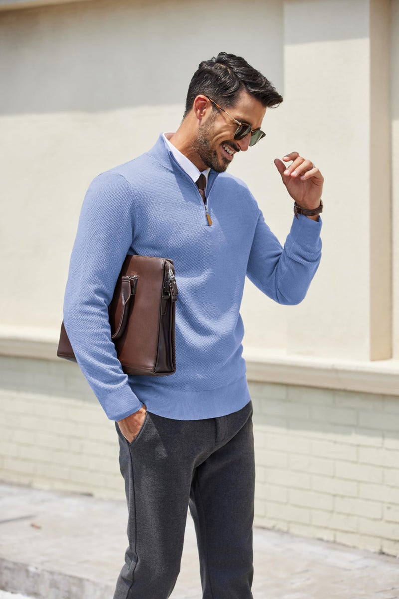 COOFANDY Men's Quarter Zip Pullover Dress Slim Fit Sweater Mock Neck Sweaters Casual Long Sleeve Pullovers Light Blue - Image 5