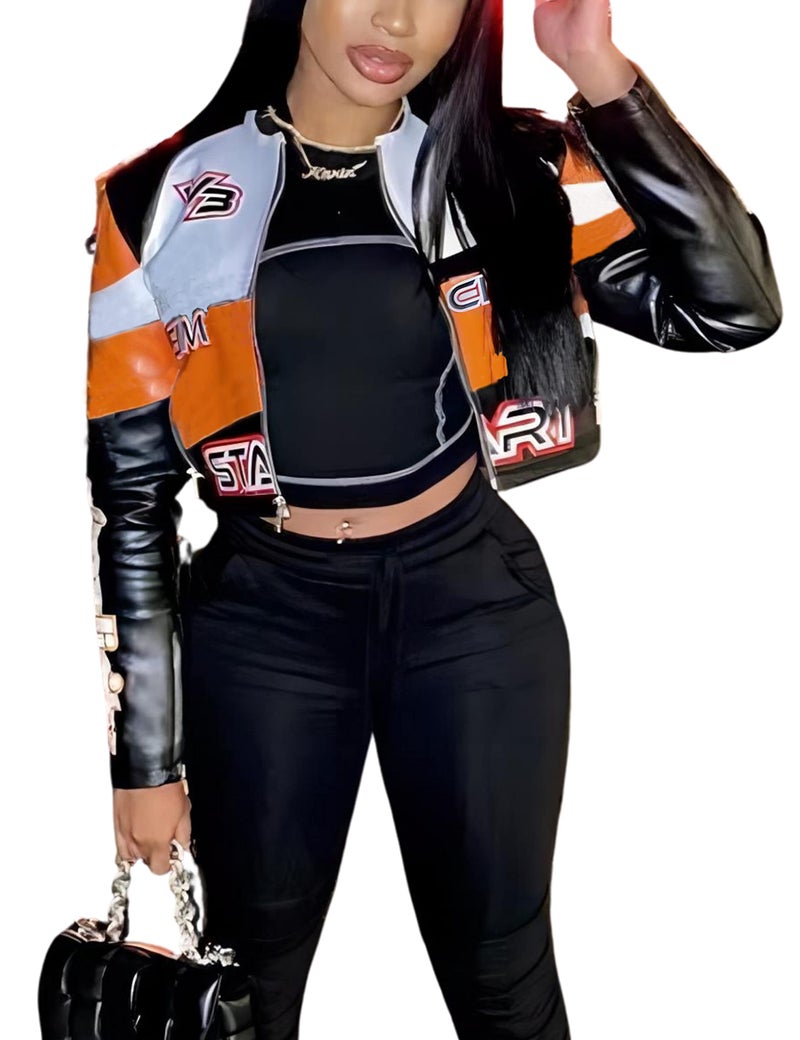VOIKERDR Faux Leather Jacket Women Zipper Moto Biker Short Bomber Jacket Women