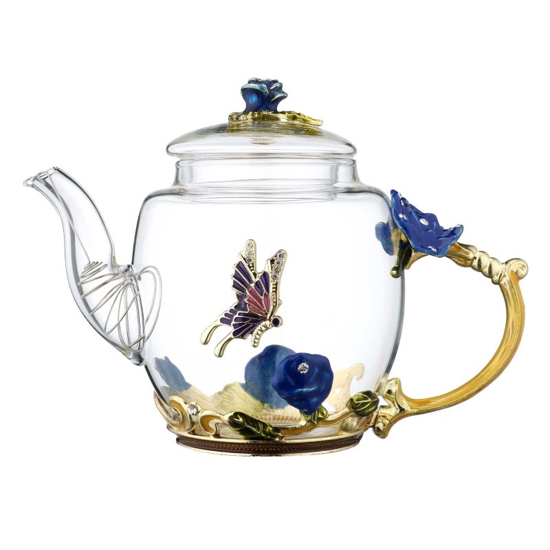 XUDREZ Teabloom Glass Teapot With Gold  Blue Rose Floral Blooming Tea for Women Mom Friends  Christmas Birthday 1015oz300ml 244  472in