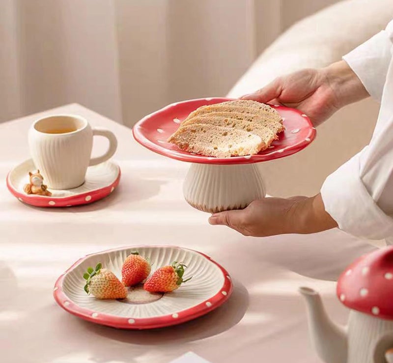 RESVUGA Mushroom Salad Plates, 8 in Polka Dot Safety Ceramic Dessert Appetizer Plates, Cute Dinner Plates, Pasta. - Image 5