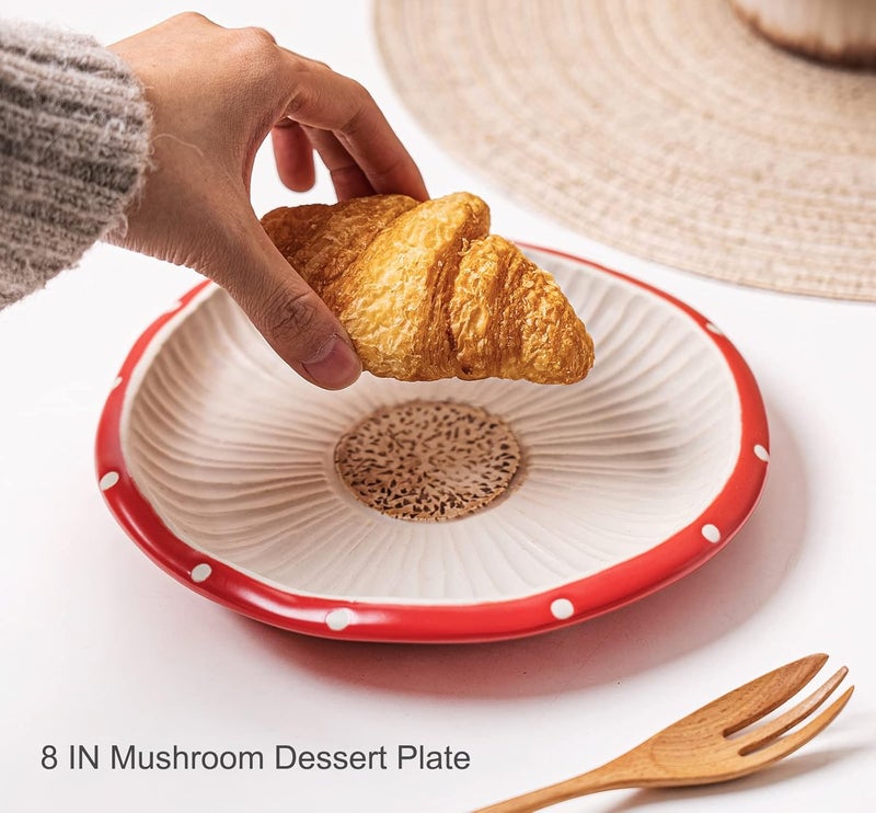 RESVUGA Mushroom Salad Plates, 8 in Polka Dot Safety Ceramic Dessert Appetizer Plates, Cute Dinner Plates, Pasta. - Image 2