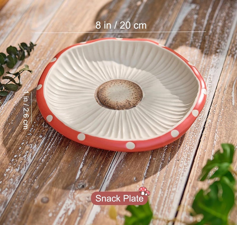 RESVUGA Mushroom Salad Plates, 8 in Polka Dot Safety Ceramic Dessert Appetizer Plates, Cute Dinner Plates, Pasta. - Image 3