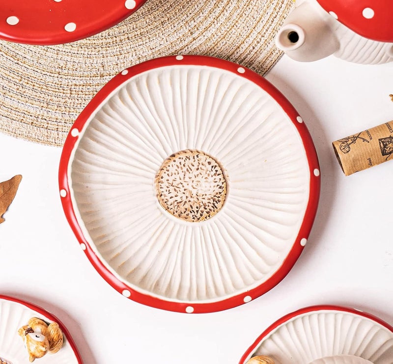 RESVUGA Mushroom Salad Plates, 8 in Polka Dot Safety Ceramic Dessert Appetizer Plates, Cute Dinner Plates, Pasta. - Image 4