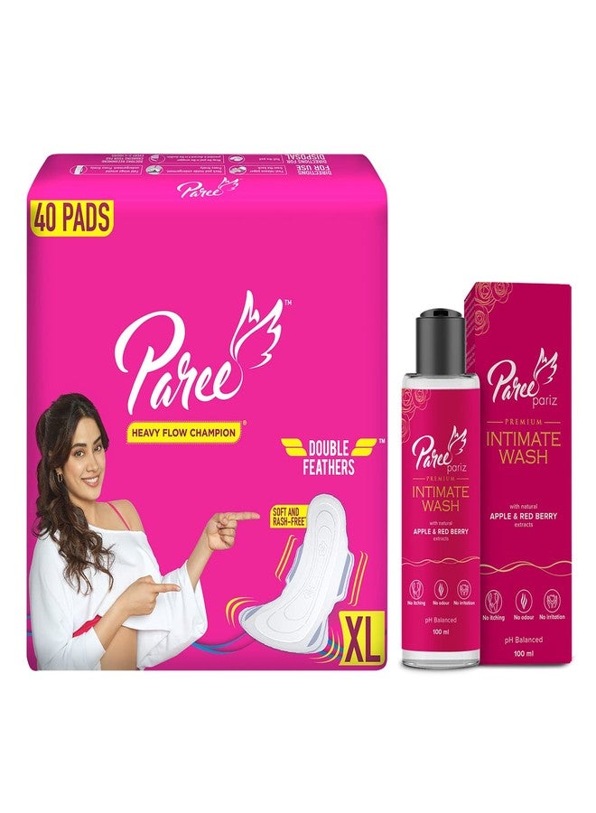 Paree Soft & Rash Free XL Sanitary Pads, 40 Pads + Paree Pariz Intimate Wash with Apple & Red Berry Extracts (100ml) - Image 1