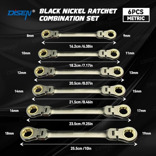 DISEN 6PCS 90 Teeth Ratcheting Wrench Set Double Box End Flex Head with Gray Nickel Coated Ratchet Wrench Set with Organizer, 12 Point 4° Swing Arc, CR-V Steel, for Home Daily Use, Gift for Man - Image 5