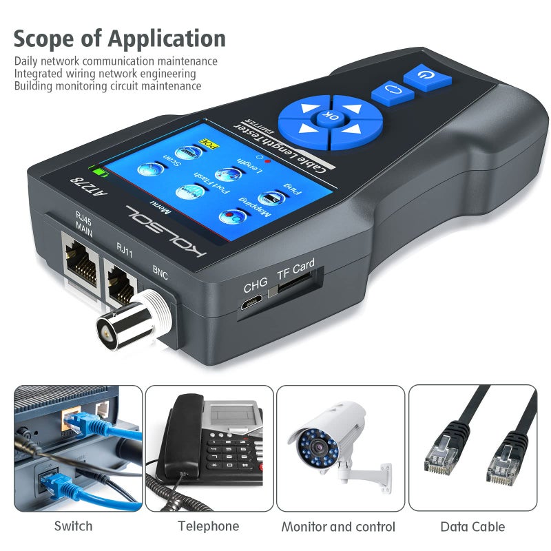 NOYAFA جهاز اختبار كابل الشبكة، AT278 TDR متعدد الوظائف متتبع الأسلاك LCD لـ RJ45، RJ11، BNC، كابل معدني، PING/POE NF-8601S لاختبار الطول - Image 3