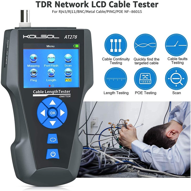 NOYAFA جهاز اختبار كابل الشبكة، AT278 TDR متعدد الوظائف متتبع الأسلاك LCD لـ RJ45، RJ11، BNC، كابل معدني، PING/POE NF-8601S لاختبار الطول - Image 2