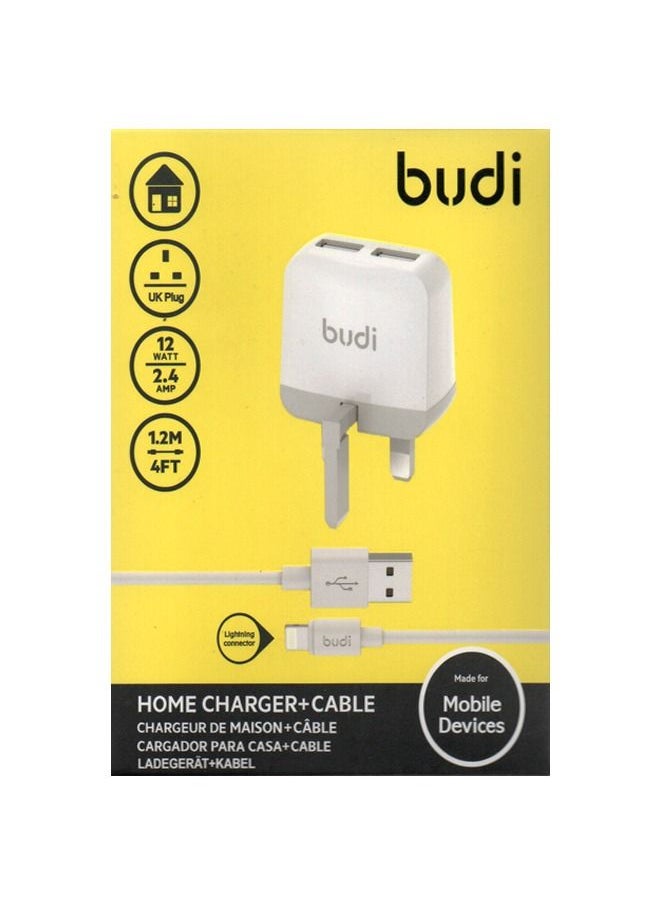 budi - Budi 2 USB Home Charger with 1.2m Lightning Cable AC940ULW - White - Image 1