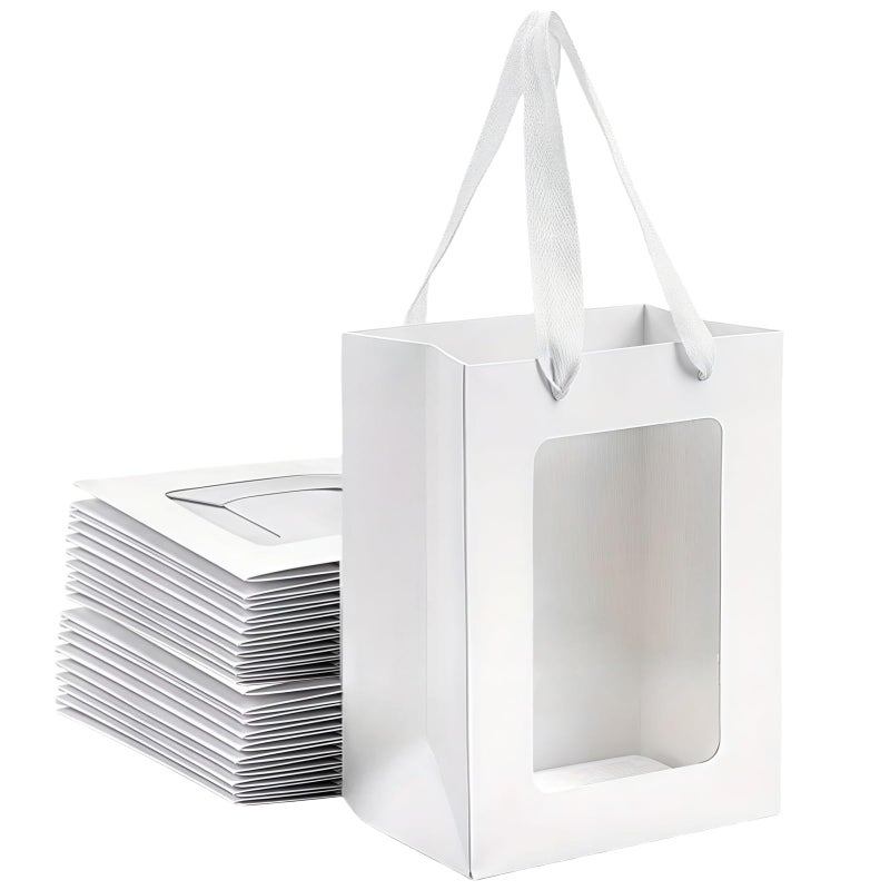 VAGREEZ 15-Pack Gift Bags with Clear Window, Reusable Small Medium Kraft Transparent Window Paper Bags with Handles in Assorted Colors and Bulk Pack for Party, Wedding, Birthday and Small Business, White / Small - Image 1