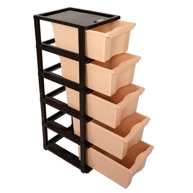 SIMPARTE Plastic MultiPurpose Modular Storage Cabinet XL Drawer for Home OfficeBrown Beige 5 Layer - Image 5