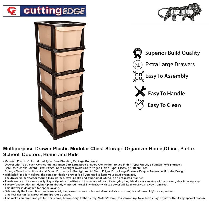 SIMPARTE Plastic MultiPurpose Modular Storage Cabinet XL Drawer for Home OfficeBrown Beige 5 Layer - Image 4