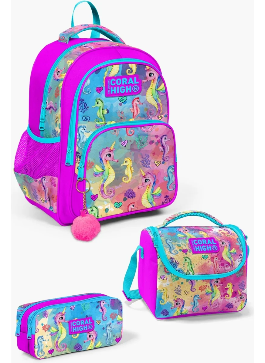 CORAL HIGH Kids Pink Colorful Seahorse Patterned 3-Piece School Bag Set SET0114412