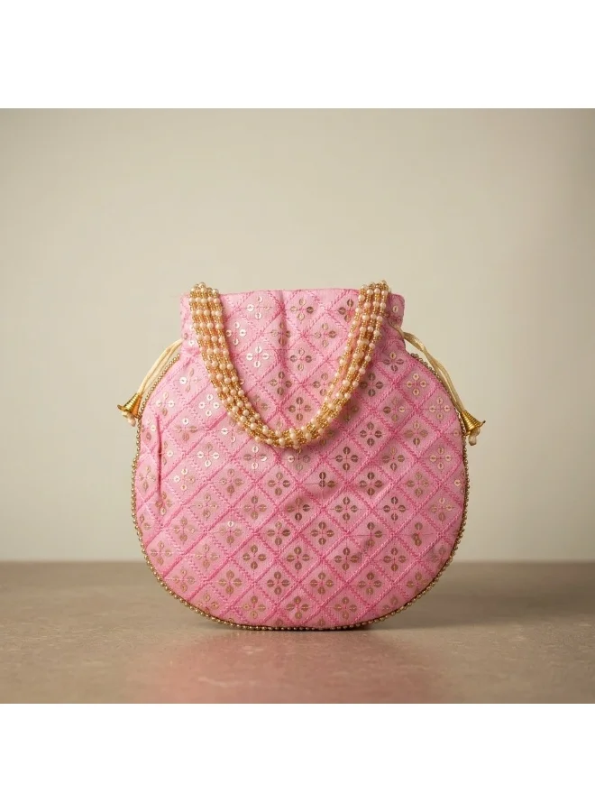 Mobcos Mobcos Rose Pink Small Chex Floral Print Potli Bag Mobcos Rose Pink Small Chex Handcrafted Indian Embroidered Mirror Work Potli Bag for Women | Premium Silk Blend Ethnic Drawstring Handbag with Pearl Handle | Wedding, Bridal, Party & Festive Purse for Women | Best Price UAE