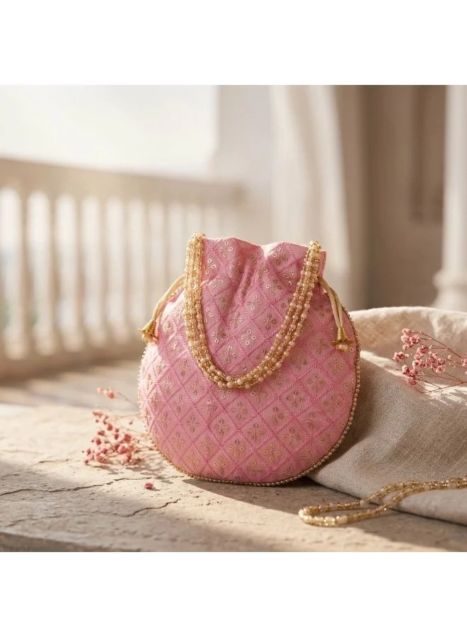 Mobcos Mobcos Rose Pink Small Chex Floral Print Potli Bag Mobcos Rose Pink Small Chex Handcrafted Indian Embroidered Mirror Work Potli Bag for Women | Premium Silk Blend Ethnic Drawstring Handbag with Pearl Handle | Wedding, Bridal, Party & Festive Purse for Women | Best Price UAE