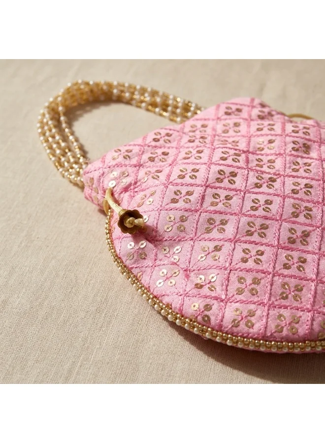 Mobcos Mobcos Rose Pink Small Chex Floral Print Potli Bag Mobcos Rose Pink Small Chex Handcrafted Indian Embroidered Mirror Work Potli Bag for Women | Premium Silk Blend Ethnic Drawstring Handbag with Pearl Handle | Wedding, Bridal, Party & Festive Purse for Women | Best Price UAE